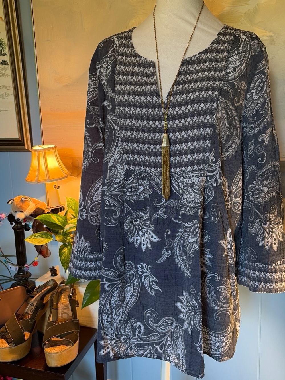 Kim Rogers Navy and White Paisley 3/4 Sleeve Tunic